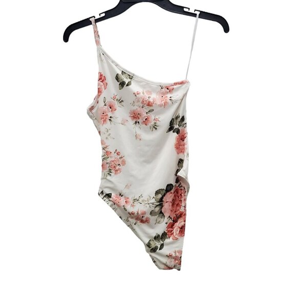 Shein Women's White Pink Rose Print One‎ Shoulder High Leg Bodysuit Size XS - Picture 5 of 5